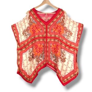 Moon Orchid‎ Kimono Popover Top Small Pink Orange Viscose Open Shoulder